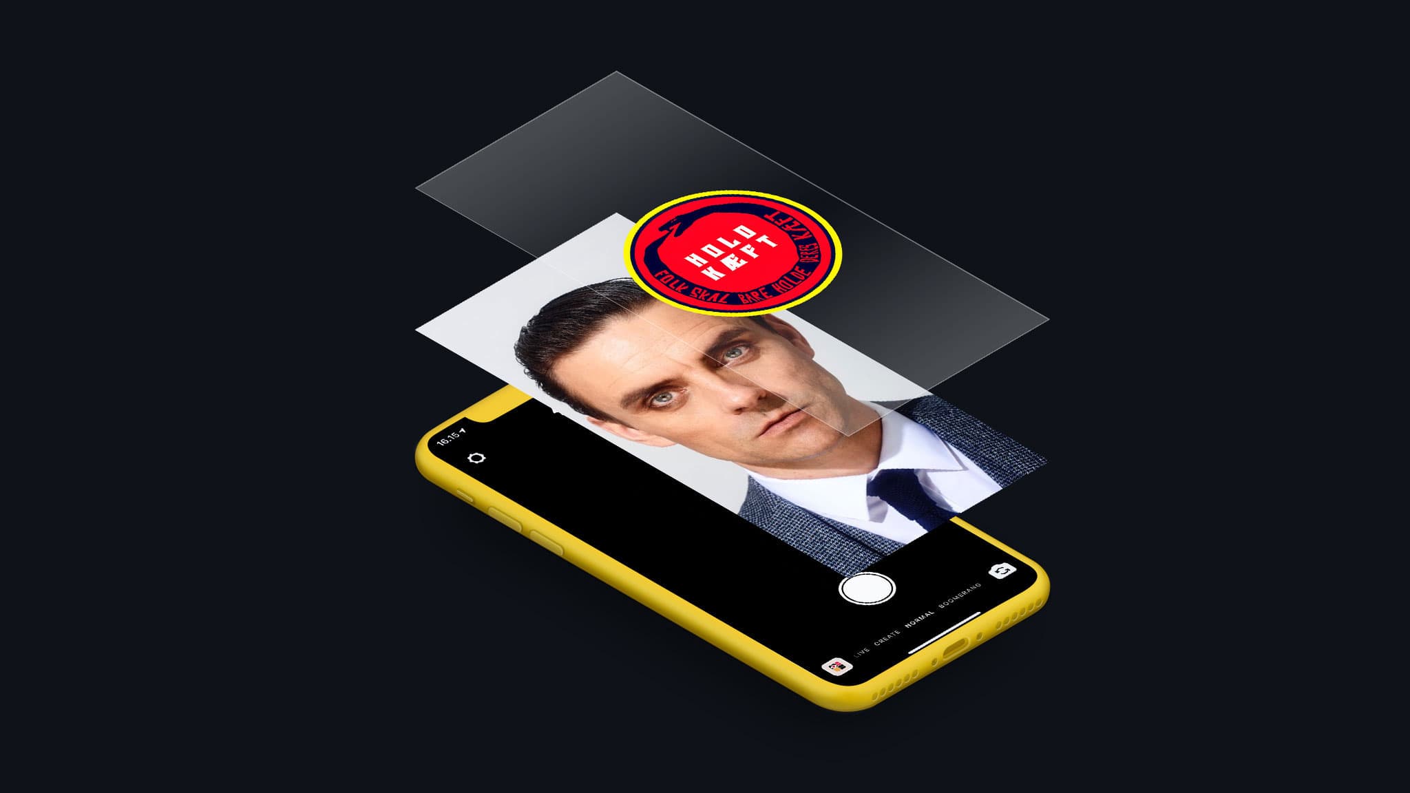 HUGORM — filter on yellow phones with HOLD KÆFT sticker over portraits