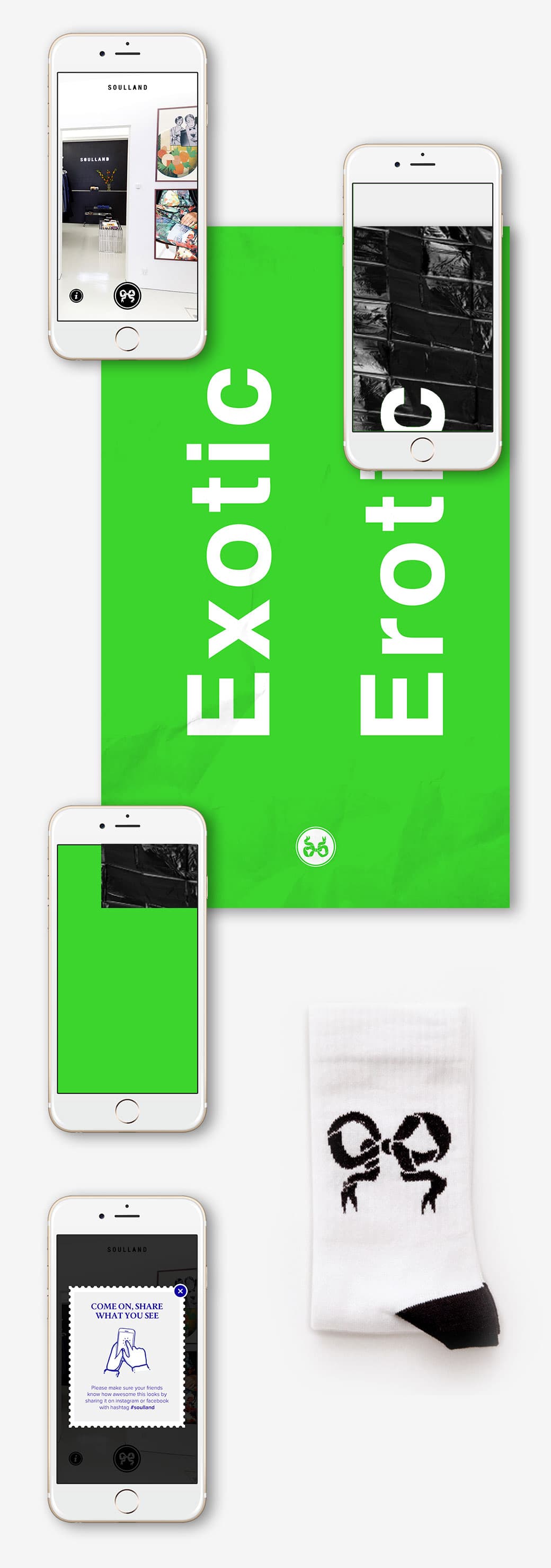 Soulland app on phone against green screen backdrop