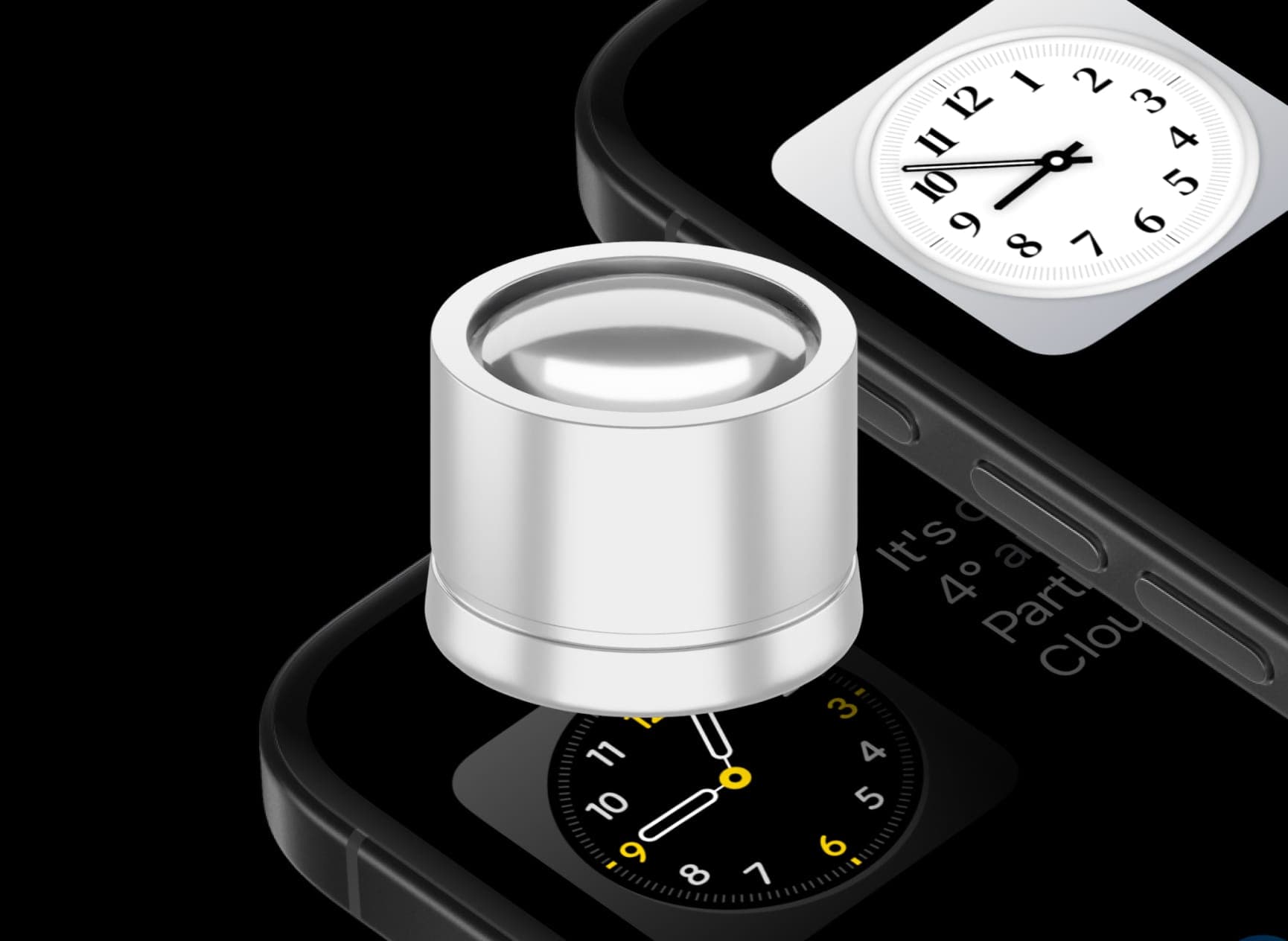Two smartphones on black showing Tinker watch-style analog clock widgets in light and dark themes