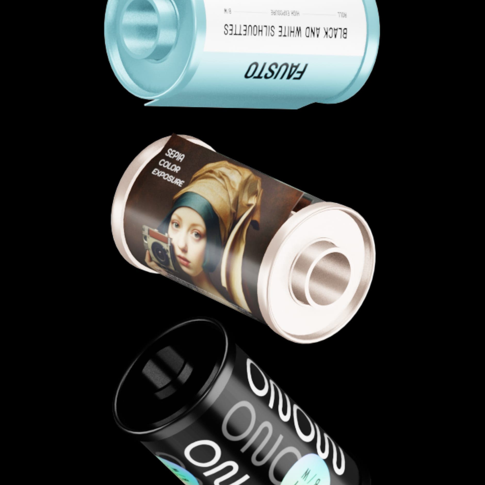 Three stylized 35mm film canisters on black: different Roll themes including silhouettes, sepia, and mono
