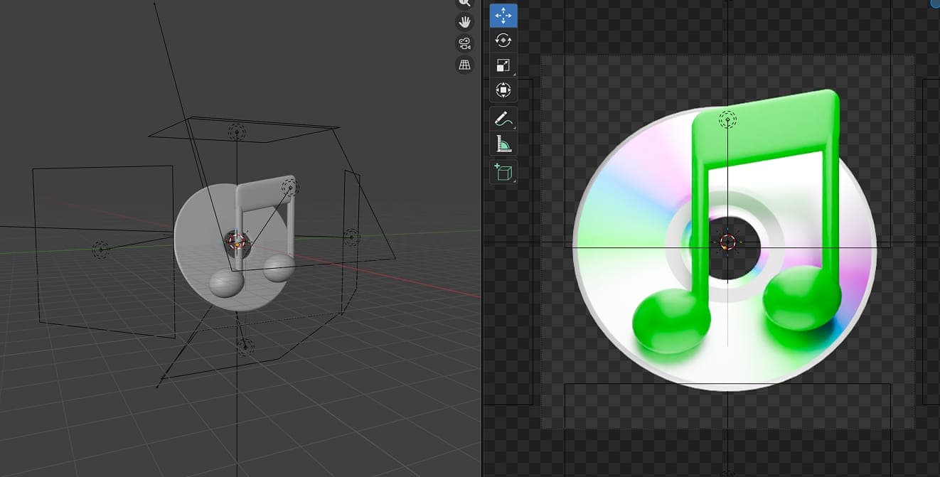 Blender split view: 3D viewport with area lights around a disc-and-music-note icon, next to the Eevee render with glossy note and iridescent CD on a transparent background