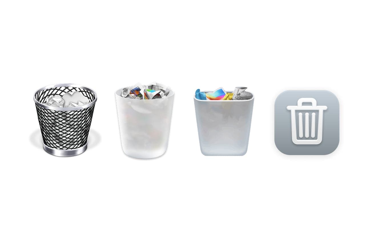 Evolution of the macOS Trash icon in four steps: from detailed wire-mesh and translucent bins to a minimal white bin and a flat grey square